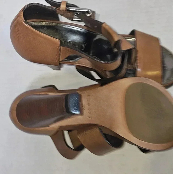 THEORY Brown T Strap Women Platform Heels Sz 7/37.5 - Picture 5 of 9